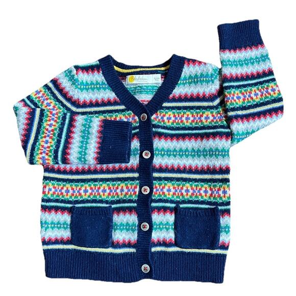 Baby Boden V Neck Cardigan Sweater All Over Fair Isle Bue Pockets Size 18-24 M - Picture 1 of 6